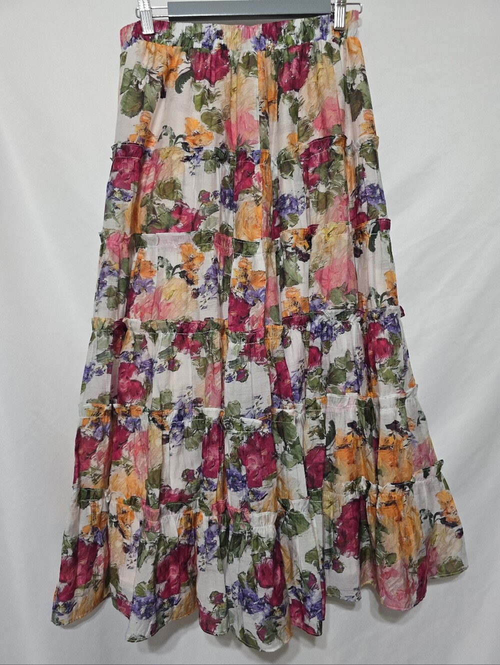 KAILIER Floral Tiered Ruffle Maxi Skirt Boho Resort Style S Smocked Waist Pink